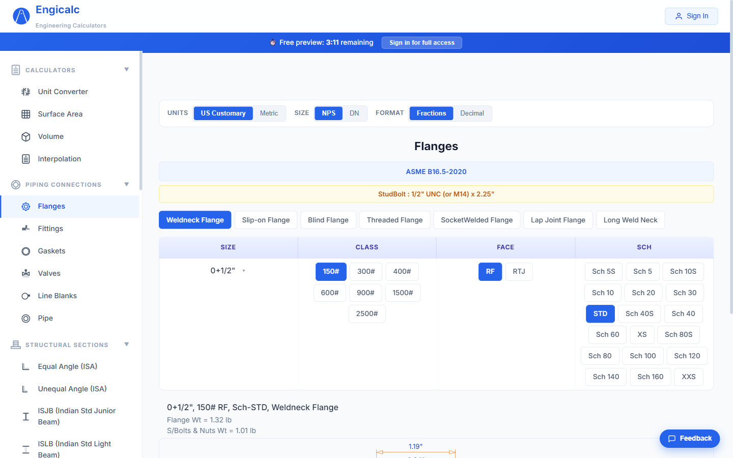 ASME B16.5 flange dimensions calculator