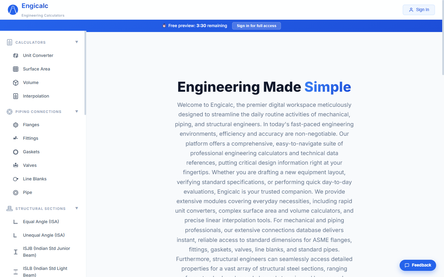 Engicalc — engineering calculator workspace with sidebar of modules