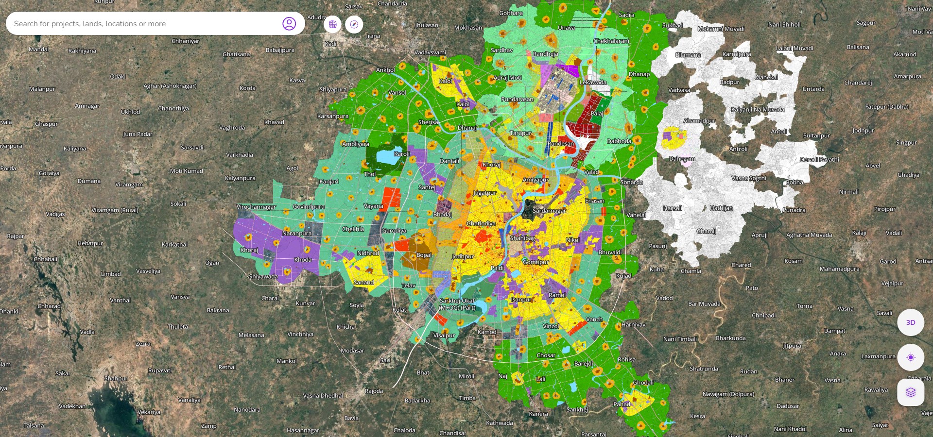 Town Plan Map showing TP scheme polygons and public-notice heatmap over an Indian city